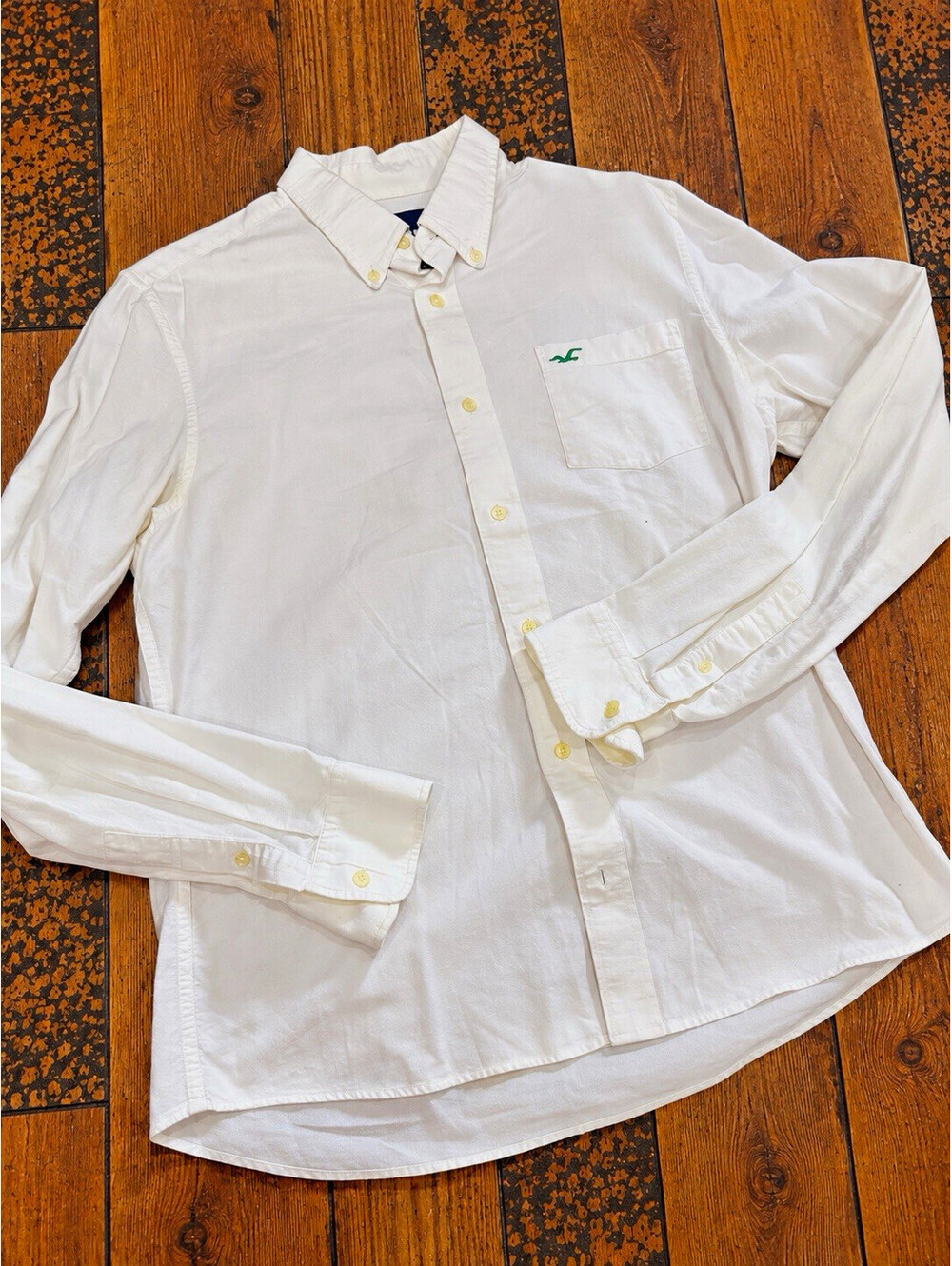 Hollister Men's XL White Solid Cotton Woven Embroidered Long Sleeve Button-Up
